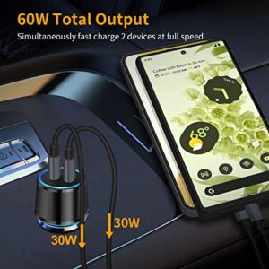 Dual 30W PD Ports USB C Rapid Charging Car Charger, 3.3+6.6ft Type C Cable for Google Pixel 7/7 Pro/6a/6/6 Pro/5/5a/4a/3, Samsung Galaxy S22 5G/Ultra/Plus Android Phone, Looptimo 60W Fast Car Adapter