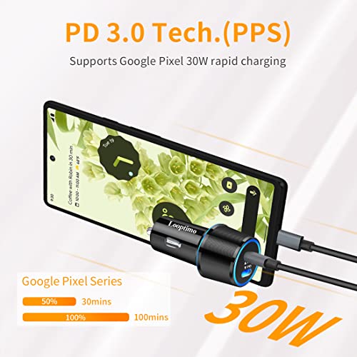 Dual 30W PD Ports USB C Rapid Charging Car Charger, 3.3+6.6ft Type C Cable for Google Pixel 7/7 Pro/6a/6/6 Pro/5/5a/4a/3, Samsung Galaxy S22 5G/Ultra/Plus Android Phone, Looptimo 60W Fast Car Adapter