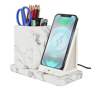 wireless charger with desk organizer, wireless charging station for iphone 14/14 pro/13/12/11/samsung galaxy s23/s22/s21/s20/note 20/note 10, wireless charging stand with leather, marble