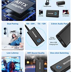 BlitzMax Bluetooth 5.2 Transmitter Receiver, 2-in-1 Bluetooth Adapter Mini Portable with 3.5mm Jack, aptx-Adaptive, Dual Link Bluetooth Audio Adapter for PC/TV/Car Sound System/Wired Speaker