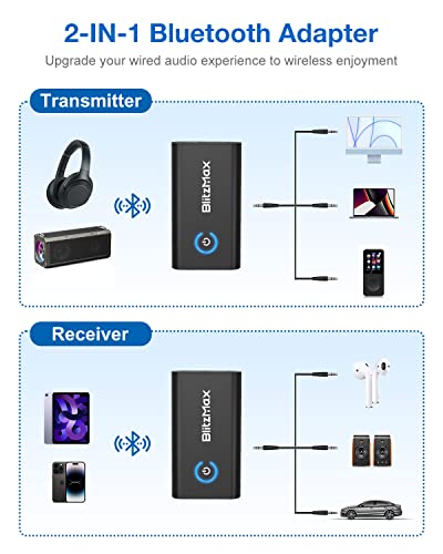 BlitzMax Bluetooth 5.2 Transmitter Receiver, 2-in-1 Bluetooth Adapter Mini Portable with 3.5mm Jack, aptx-Adaptive, Dual Link Bluetooth Audio Adapter for PC/TV/Car Sound System/Wired Speaker