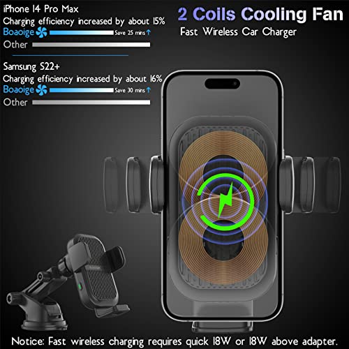 Wireless Car Charger with Cooling Version, Boaoige Auto-Clamping Car Phone Mount, 2 Coils 15W Qi Fast Charging Car Phone Holder for iPhone 14 13 Pro Max, Samsung S22 S21, Flip 4 3, Google Pixel 6 Pro