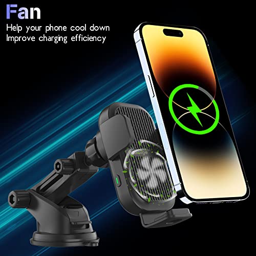 Wireless Car Charger with Cooling Version, Boaoige Auto-Clamping Car Phone Mount, 2 Coils 15W Qi Fast Charging Car Phone Holder for iPhone 14 13 Pro Max, Samsung S22 S21, Flip 4 3, Google Pixel 6 Pro