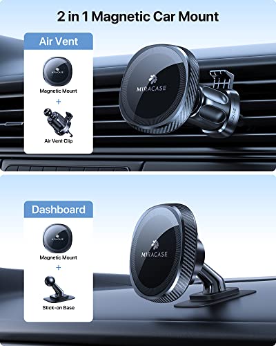 Miracase MagSafe Car Mount [16 Strongest Magnets] 2 in 1 Super Stable Dashboard & Air Vent Car Phone Mount Compatible with iPhone 14 13 12 Pro Max Plus Mini All Phones (Black)