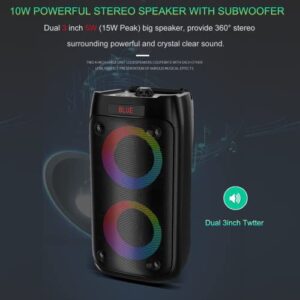 10W Bluetooth Speaker, Portable Wireless Speakers with Double Subwoofer Heavy Bass, Bluetooth 5.0, Colorful Lights, 4000 mAh, FM Radio, Remote, EQ, Loud Stereo Speaker for Home Outdoor Party (Black)