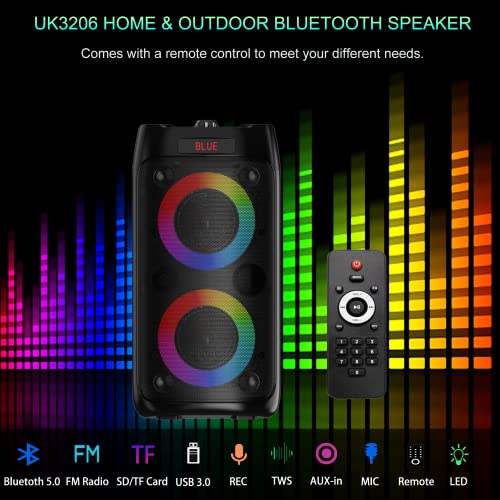 10W Bluetooth Speaker, Portable Wireless Speakers with Double Subwoofer Heavy Bass, Bluetooth 5.0, Colorful Lights, 4000 mAh, FM Radio, Remote, EQ, Loud Stereo Speaker for Home Outdoor Party (Black)