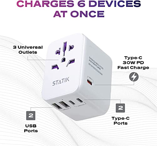 Statik GloboCharge Universal Travel Adapter to Over 200 Countries, 30W International Plug Adapter, 5 USB Ports Wall Charger with Type A & Type C, Fast Charging Worldwide Power Plug Adapter