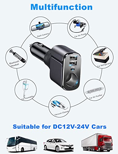 Cigarette Lighter Splitter Adapter, 210W 4 in 1 Cigarette Lighter USB Charger [PD3.0& DualQC3.0] Multi Port & Socket, 12V/24V Dual USB Type C Fast Car Charger Adapter for iPhone 14,Samsung,iPad