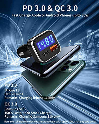 USB C Car Charger Adapter with Voltage Meter Battery Monitor, 30W Cigarette Lighter Type C Fast Charge Power Delivery & Quick Charge 3.0 with LED Display Compatible With iPhone 12, Galaxy S10, Pixel 4