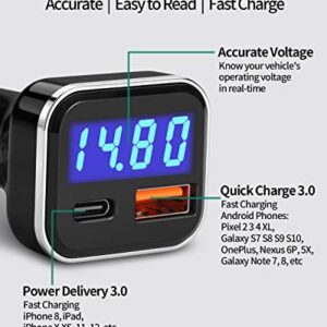 USB C Car Charger Adapter with Voltage Meter Battery Monitor, 30W Cigarette Lighter Type C Fast Charge Power Delivery & Quick Charge 3.0 with LED Display Compatible With iPhone 12, Galaxy S10, Pixel 4