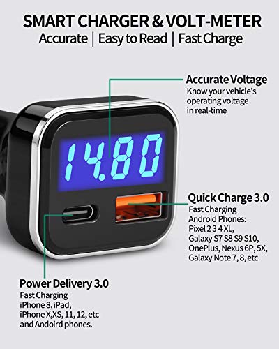 USB C Car Charger Adapter with Voltage Meter Battery Monitor, 30W Cigarette Lighter Type C Fast Charge Power Delivery & Quick Charge 3.0 with LED Display Compatible With iPhone 12, Galaxy S10, Pixel 4