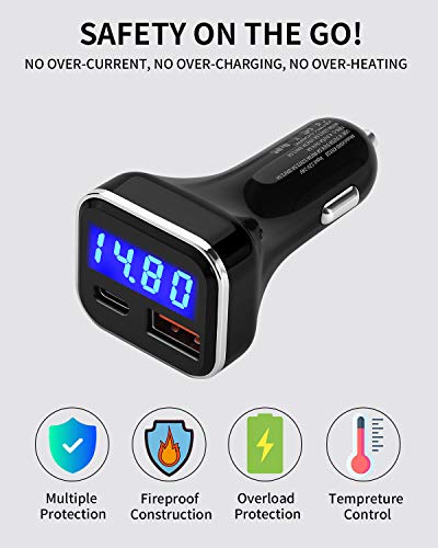 USB C Car Charger Adapter with Voltage Meter Battery Monitor, 30W Cigarette Lighter Type C Fast Charge Power Delivery & Quick Charge 3.0 with LED Display Compatible With iPhone 12, Galaxy S10, Pixel 4