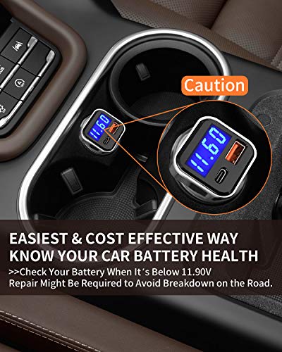 USB C Car Charger Adapter with Voltage Meter Battery Monitor, 30W Cigarette Lighter Type C Fast Charge Power Delivery & Quick Charge 3.0 with LED Display Compatible With iPhone 12, Galaxy S10, Pixel 4