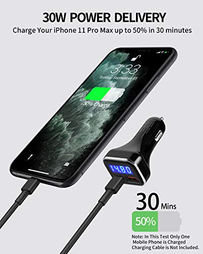 USB C Car Charger Adapter with Voltage Meter Battery Monitor, 30W Cigarette Lighter Type C Fast Charge Power Delivery & Quick Charge 3.0 with LED Display Compatible With iPhone 12, Galaxy S10, Pixel 4
