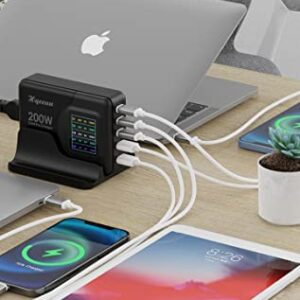 Hqeeun 200W USB C Charger GaN Chargers, 5 Ports Desktop Fast Charging Station with LCD Display, PD 100W PPS 45W QC 22.5W Power Adapter Compatible for iPhone,Samsung Galaxy,iPad,MacBook,Pixel