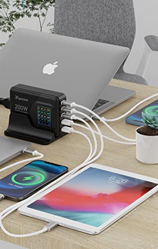 Hqeeun 200W USB C Charger GaN Chargers, 5 Ports Desktop Fast Charging Station with LCD Display, PD 100W PPS 45W QC 22.5W Power Adapter Compatible for iPhone,Samsung Galaxy,iPad,MacBook,Pixel