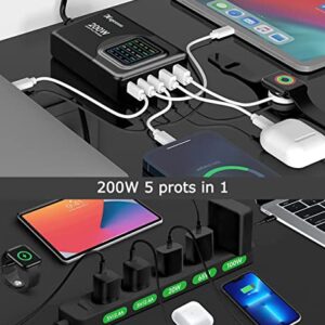 Hqeeun 200W USB C Charger GaN Chargers, 5 Ports Desktop Fast Charging Station with LCD Display, PD 100W PPS 45W QC 22.5W Power Adapter Compatible for iPhone,Samsung Galaxy,iPad,MacBook,Pixel