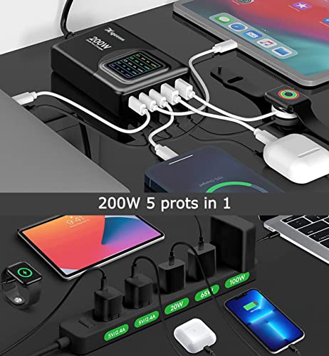 Hqeeun 200W USB C Charger GaN Chargers, 5 Ports Desktop Fast Charging Station with LCD Display, PD 100W PPS 45W QC 22.5W Power Adapter Compatible for iPhone,Samsung Galaxy,iPad,MacBook,Pixel