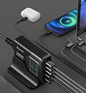 Hqeeun 200W USB C Charger GaN Chargers, 5 Ports Desktop Fast Charging Station with LCD Display, PD 100W PPS 45W QC 22.5W Power Adapter Compatible for iPhone,Samsung Galaxy,iPad,MacBook,Pixel