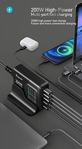 Hqeeun 200W USB C Charger GaN Chargers, 5 Ports Desktop Fast Charging Station with LCD Display, PD 100W PPS 45W QC 22.5W Power Adapter Compatible for iPhone,Samsung Galaxy,iPad,MacBook,Pixel