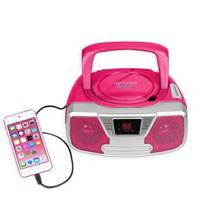 riptunes cd player portable boombox – portable radio am/fm, bluetooth boombox, with aux-in, programmable player, pink cdb232bt