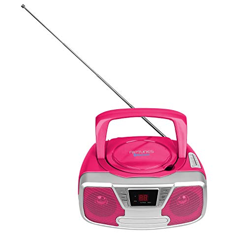 Riptunes CD Player Portable Boombox - Portable Radio AM/FM, Bluetooth Boombox, with Aux-in, Programmable Player, Pink CDB232BT