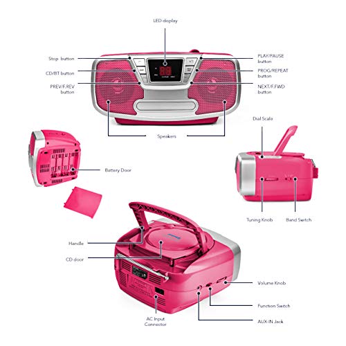 Riptunes CD Player Portable Boombox - Portable Radio AM/FM, Bluetooth Boombox, with Aux-in, Programmable Player, Pink CDB232BT