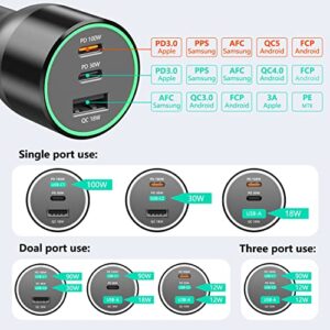 120W USB C Car Charger, 100W Type C PD 30W PPS 45W QC 18W Super Fast Charging LED Cigarette Lighter USB-C Car Adapter for iPhone 13 12 11 Pro Samsung S22 S21 Ultra Note 20 iPad MacBook Pro Air Laptop