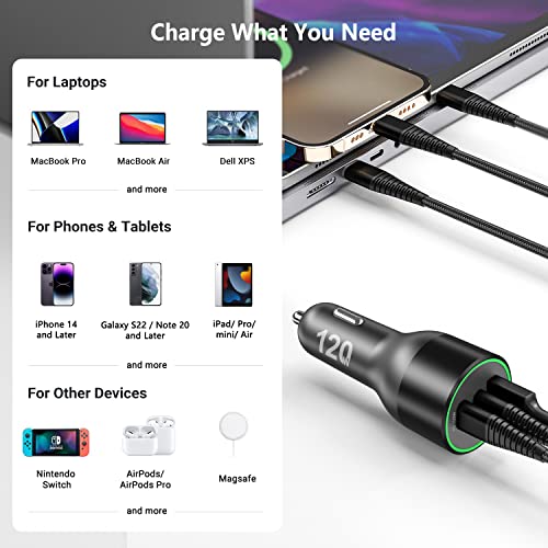 120W USB C Car Charger, 100W Type C PD 30W PPS 45W QC 18W Super Fast Charging LED Cigarette Lighter USB-C Car Adapter for iPhone 13 12 11 Pro Samsung S22 S21 Ultra Note 20 iPad MacBook Pro Air Laptop