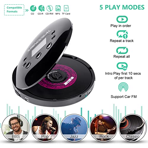 CD Player Portable, MONODEAL Portable CD Player with FM Transmitter, Rechargeable CD Player for Car for Home Travel with Anti-Skip Protection Compact CD Player Walkman with Headphones