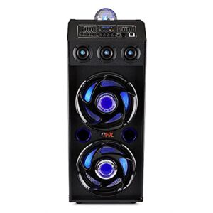 qfx sbx-412207bt bluetooth cabinet floor speaker | tws dual 12″ woofers, 3x 1 tweeters | with built-in amplifier, led party lights, handles and wheels | blue