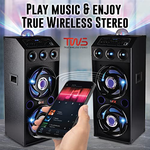 QFX SBX-412207BT Bluetooth Cabinet Floor Speaker | TWS Dual 12" Woofers, 3X 1 Tweeters | with Built-in Amplifier, LED Party Lights, Handles and Wheels | Blue