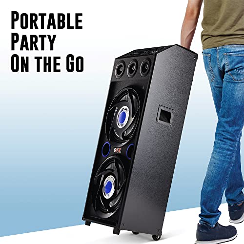 QFX SBX-412207BT Bluetooth Cabinet Floor Speaker | TWS Dual 12" Woofers, 3X 1 Tweeters | with Built-in Amplifier, LED Party Lights, Handles and Wheels | Blue