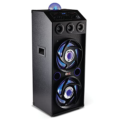 QFX SBX-412207BT Bluetooth Cabinet Floor Speaker | TWS Dual 12" Woofers, 3X 1 Tweeters | with Built-in Amplifier, LED Party Lights, Handles and Wheels | Blue