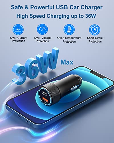 36W USB C Car Charger, OKRAY 4-Pack Fast Charging USB Type C Car Charger, PD3.0+QC3.0 Dual Port Cigarette Lighter Adapter with LED Compatible iPhone 14/13/12/11/ iPad, Samsung Galaxy S22/21 Note20/10