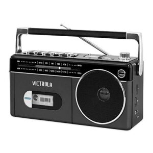 victrola mini bluetooth boombox with cassette player, recorder and am/fm radio, grey