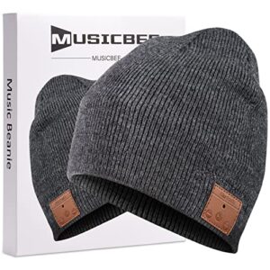 beanie musicbee bluetooth v5.2 wireless knit winter cap, 24 hour play time, built-in microphone and hd stereo speakers, wool lined for outdoor homes and gifts – neutral (charcoal)