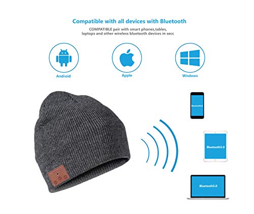 beanie MUSICBEE Bluetooth V5.2 Wireless Knit Winter Cap, 24 Hour Play time, Built-in Microphone and HD Stereo Speakers, Wool Lined for Outdoor Homes and Gifts - Neutral (Charcoal)