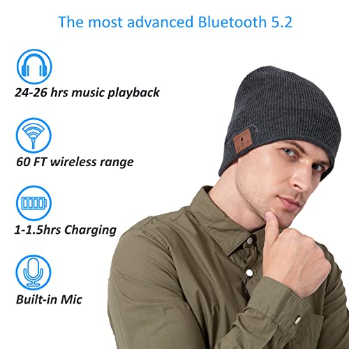 beanie MUSICBEE Bluetooth V5.2 Wireless Knit Winter Cap, 24 Hour Play time, Built-in Microphone and HD Stereo Speakers, Wool Lined for Outdoor Homes and Gifts - Neutral (Charcoal)