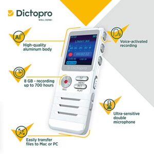 Dictopro Digital Voice Activated Recorder Easy HD Recording of Lectures and Meetings with Double Microphone, Noise Reduction Audio, Sound, Portable Mini Tape Dictaphone, MP3, USB, 8GB