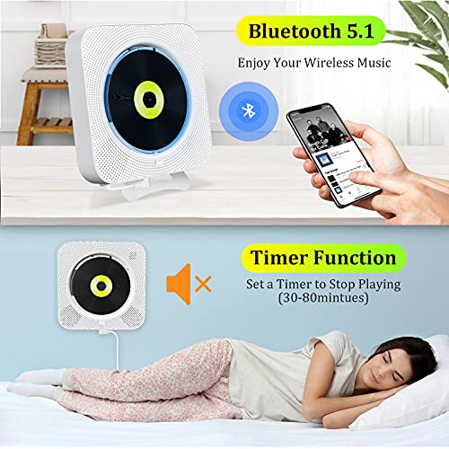 KOVCDVI Portable CD Player with Bluetooth Background Lights Wall Mountable Built-in Speakers CD Players for Home Headphone Jack with Remote Control FM Radio USB TF Card MP3 AUX Input Output