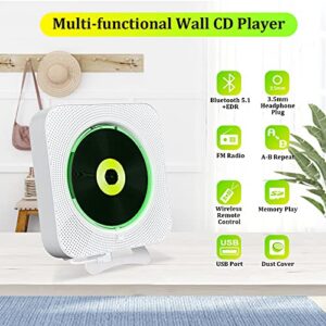 KOVCDVI Portable CD Player with Bluetooth Background Lights Wall Mountable Built-in Speakers CD Players for Home Headphone Jack with Remote Control FM Radio USB TF Card MP3 AUX Input Output