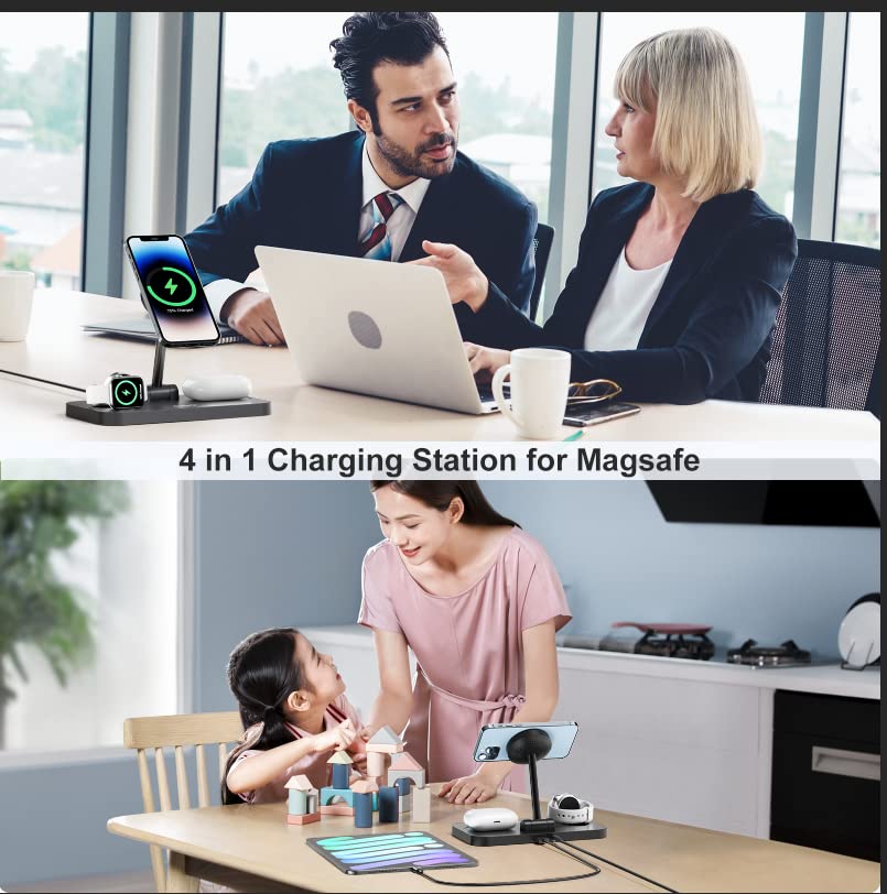 Mag Safe Charger Stand - Foldable 4 in 1 Magnetic Wireless Charging Station, Mag-Safe Travel Charger with 36W Adapter, Fast Charging Dock for Apple iPhone 14 13 12 Pro Max Mini Plus, iWatch, AirPods