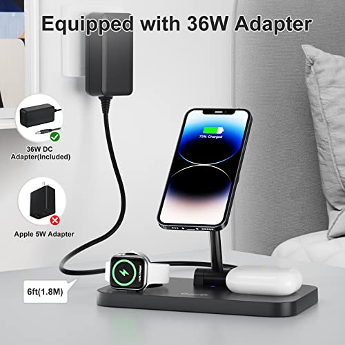 Mag Safe Charger Stand - Foldable 4 in 1 Magnetic Wireless Charging Station, Mag-Safe Travel Charger with 36W Adapter, Fast Charging Dock for Apple iPhone 14 13 12 Pro Max Mini Plus, iWatch, AirPods