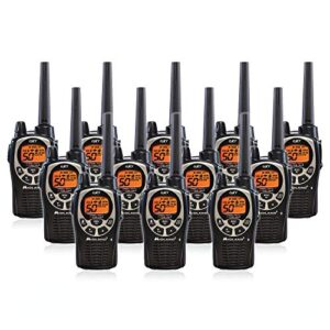 midland gxt1000 gmrs walkie talkie – long range two way radio with noaa weather scan + alert, 50 channels, and 142 privacy codes (black/silver, 12 radios)