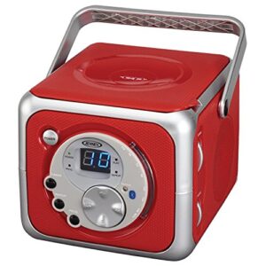 jensen cd-555rs red cd bluetooth boombox portable bluetooth music system with cd player +cd-r/rw & fm radio with aux-in & headphone jack line-in limited edition- (red)
