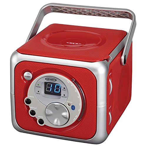 Jensen CD-555RS Red CD Bluetooth Boombox Portable Bluetooth Music System with CD Player +CD-R/RW & FM Radio with Aux-in & Headphone Jack Line-in Limited Edition- (Red)