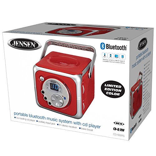 Jensen CD-555RS Red CD Bluetooth Boombox Portable Bluetooth Music System with CD Player +CD-R/RW & FM Radio with Aux-in & Headphone Jack Line-in Limited Edition- (Red)