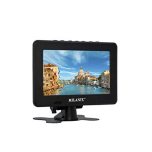 milanix 7” rechargeable small portable tv with lcd widescreen display, 2-way stand, digital tuner, and high-power antenna for home, camping, car travel, and rv, usb and sd card slot, fm radio, av input