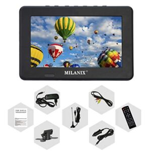 Milanix 7” Rechargeable Small Portable TV with LCD Widescreen Display, 2-Way Stand, Digital Tuner, and High-Power Antenna for Home, Camping, Car Travel, and RV, USB and SD Card Slot, FM Radio, AV Input